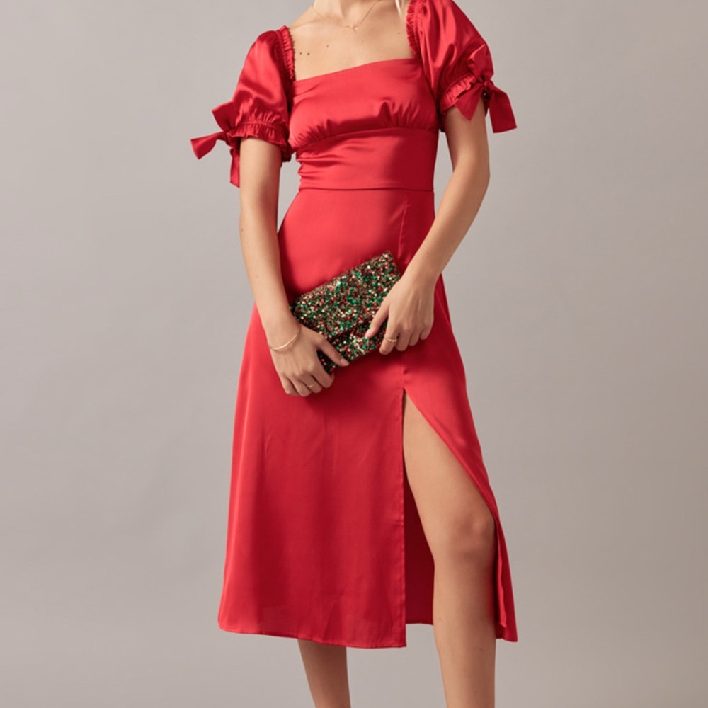 NWT Francesca's Collections Red Midi Sundress Puff Sleeves